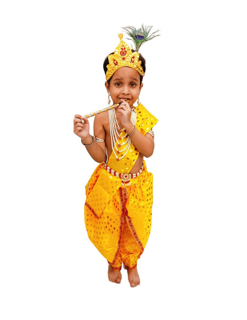 BookMyCostume Krishna Yellow Polka Dot Costume Dhoti Patka with Heavy Pearl Jewellery and Mukut Set - Janmashtami Dress Costume for Baby Kanha - Boys & Girls